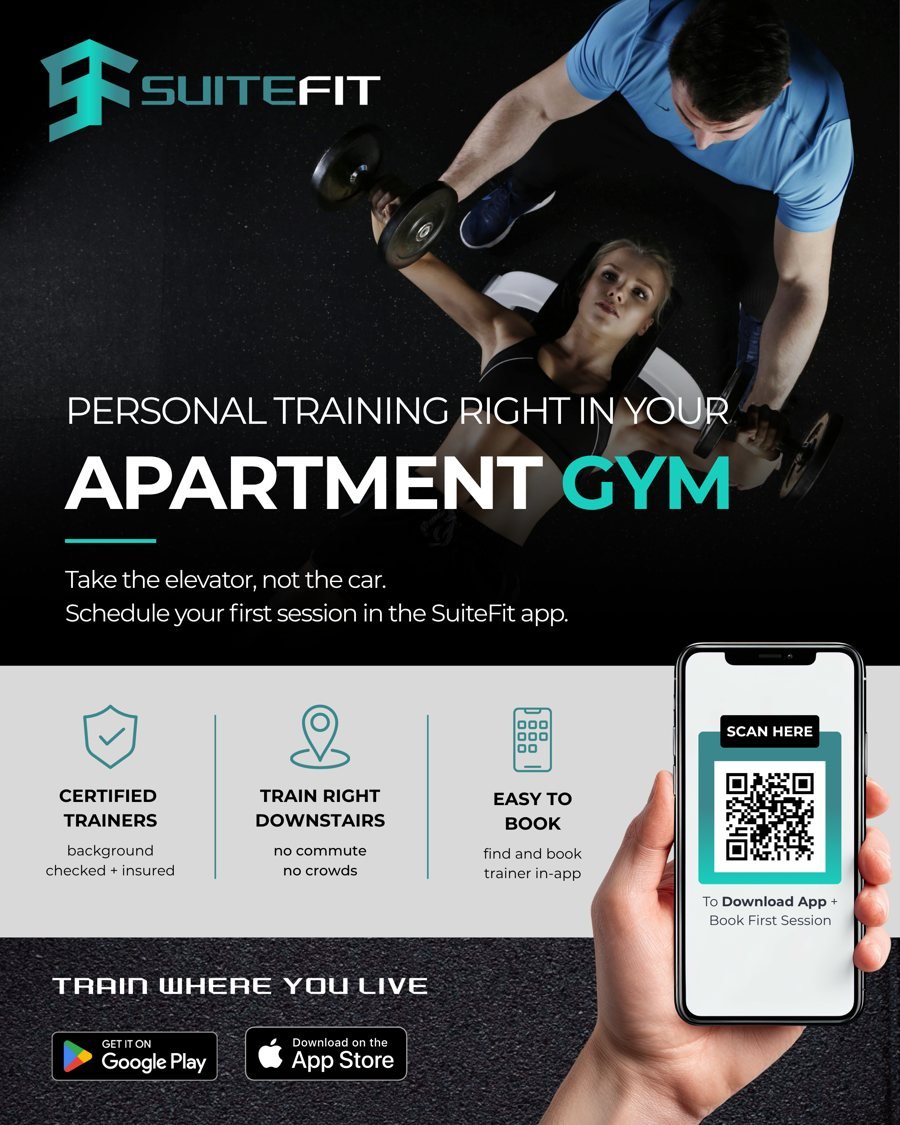 The SuiteFit gym poster: personal training right in your apartment gym, with a QR code to download the app and book a first session.